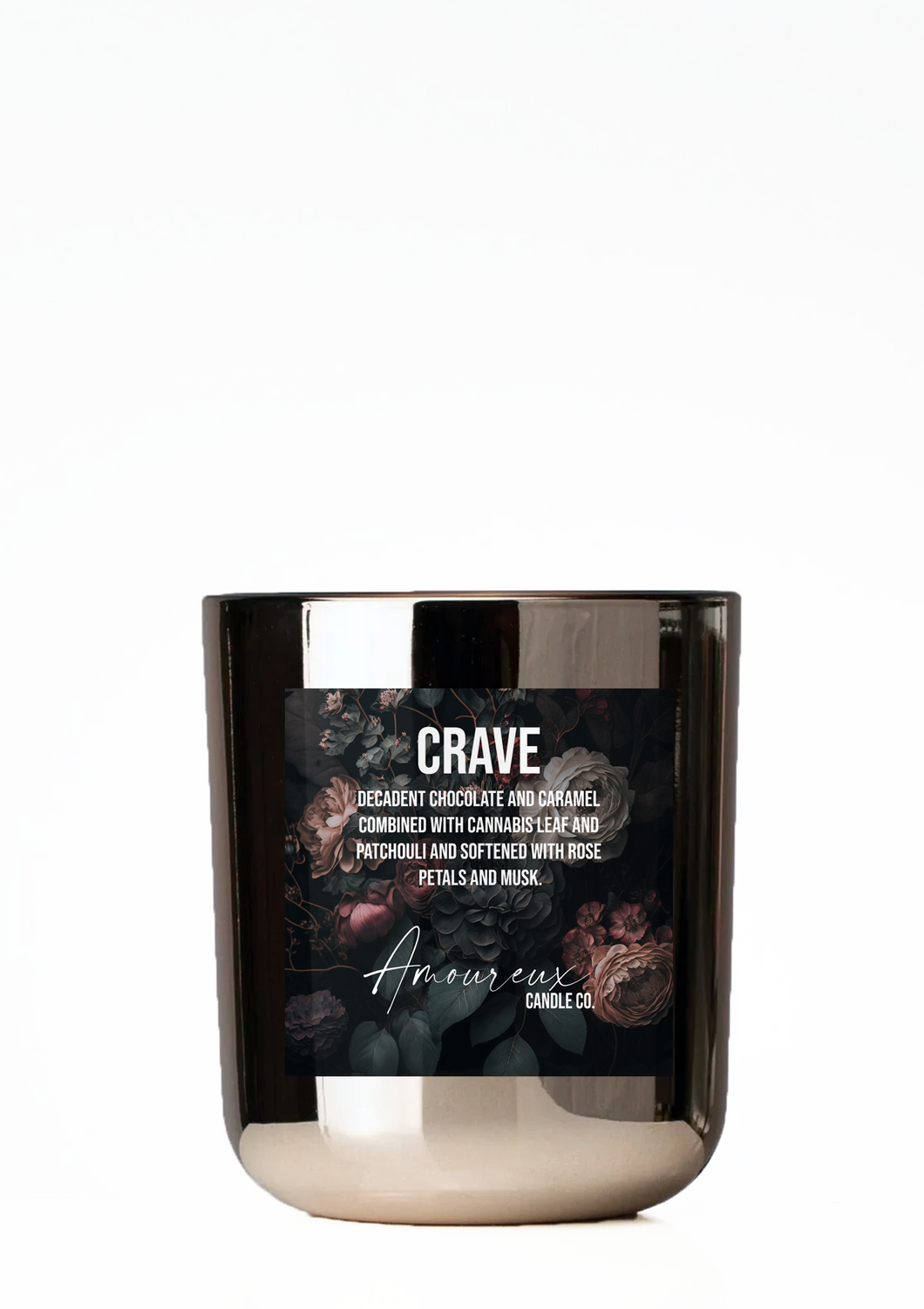 Crave, The Minimalist Vessel, Luxe Rose Gold, 15oz Candle, Chocolate and caramel combined with cannabis softened with rose petals and musk